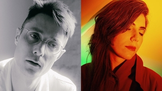 Left: Black and white press shot of call super wearing a white shirt and glasses Right: Press shot of Julia Holter in a warm orange light