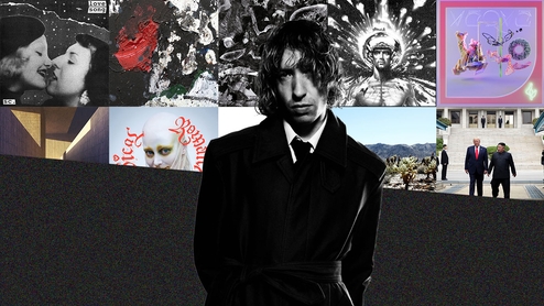 Photo of Daniel Avery in front of 10 album packshots chosen for his Selections feature. He's wearing a lock black jacket and his hair falls over his eyes