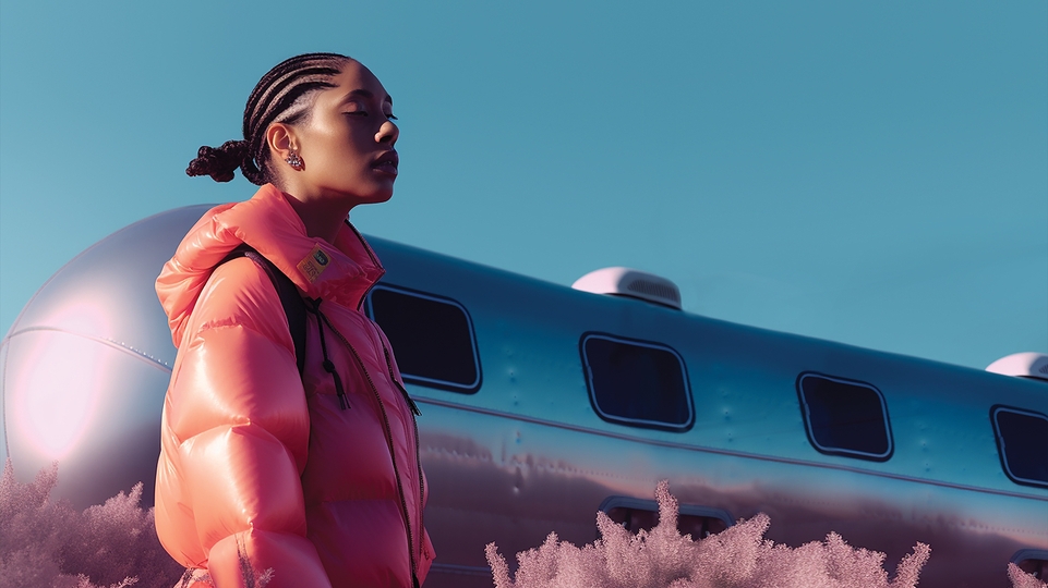 AI-edited photo of Jayda G standing next to a steel caravan, among pink bushes. She's wearing a pink-red puffer jacket and her eyes are closed