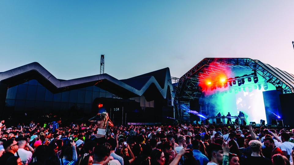 The Riverside museum and festival mainstage at dusk