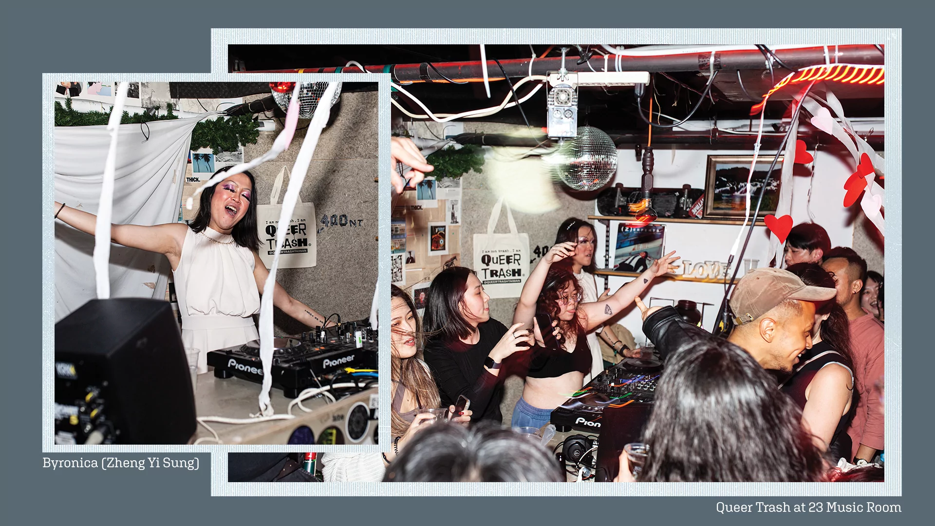 L - R: Byronica DJing and Queer Trash. A photograph of the crowd dancing at Queer Trash