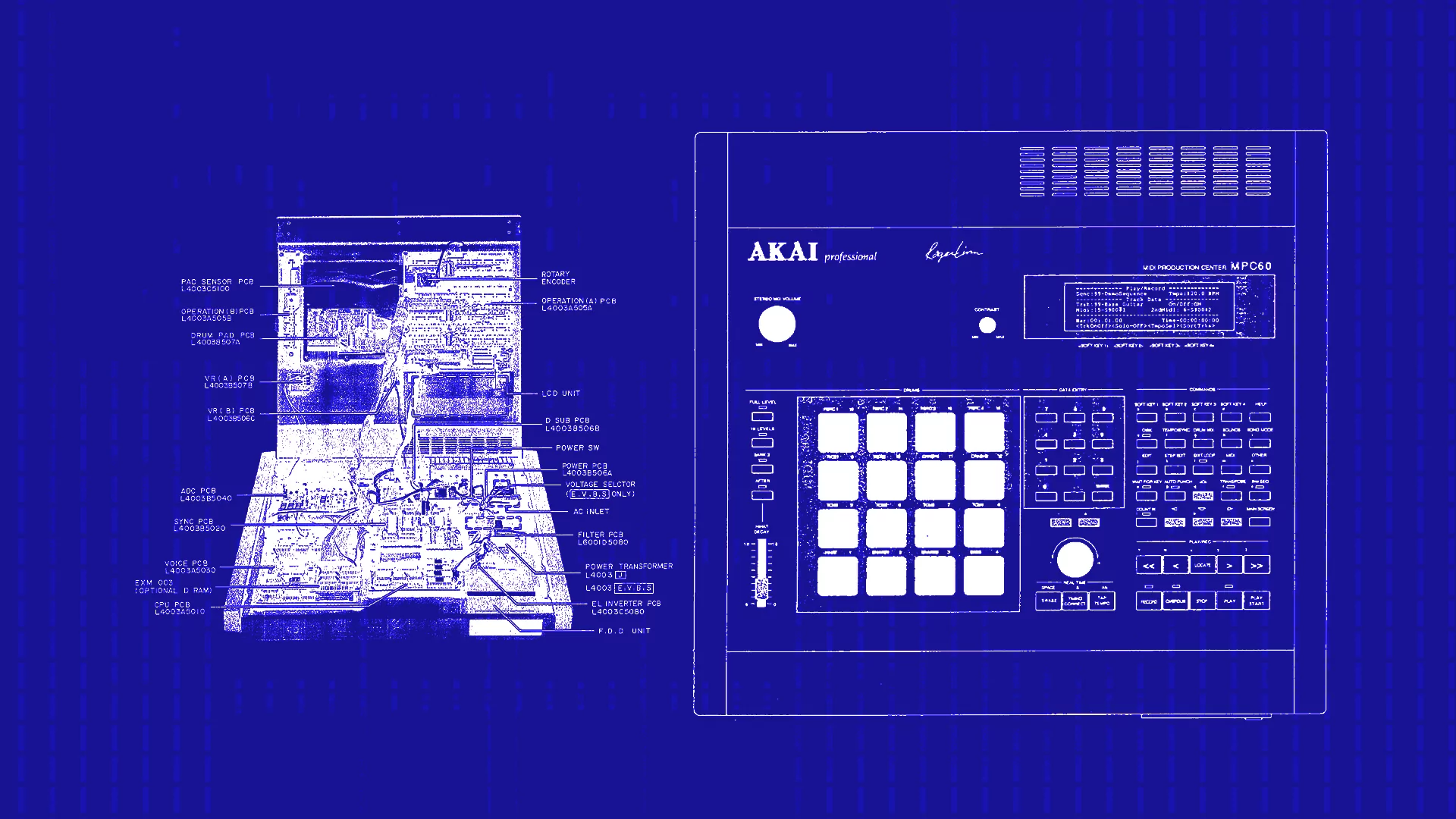 Blue graphic featuring sketches of computerised technology