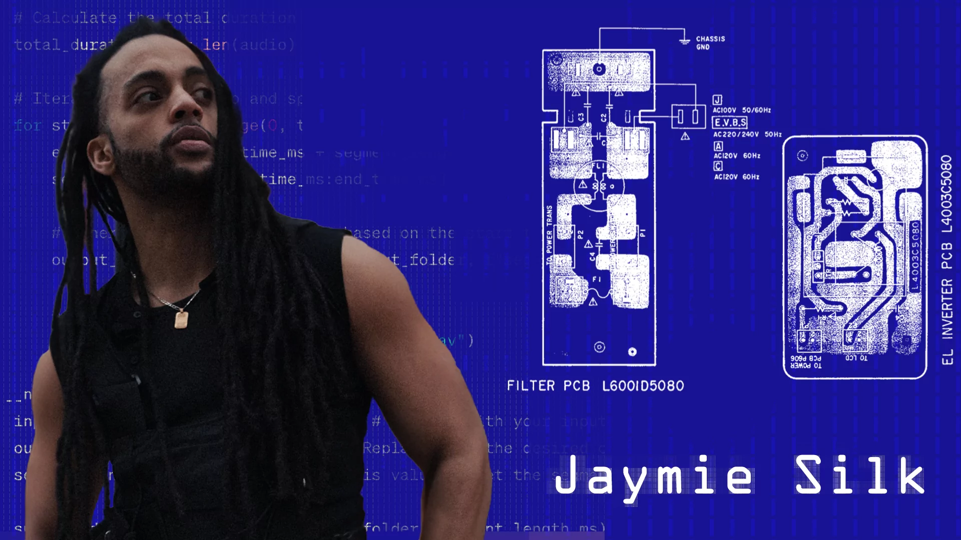 Blue graphic featuring sketches of computerised technology and an image of DJ Jaymie Silk wearing a black vest